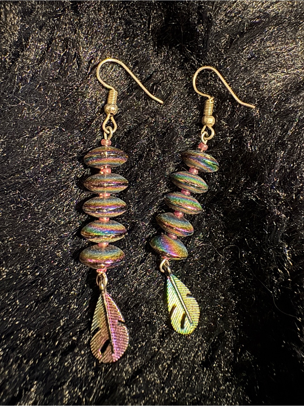 Handmade Iridescent Multicolor Bead & Feather Drop Earrings - Women Jewelry